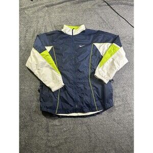 Nike Windbreaker Jacket Mens Large Blue White Full Zip Spell Out Swoosh Neon